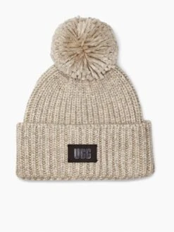 UGG Chunky Rib Knit Beanie Pom - Light Grey