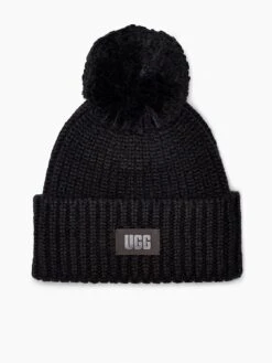 UGG Chunky Rib Knit Beanie Pom - Black