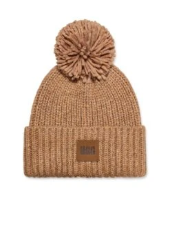 UGG Chunky Rib Knit Beanie Pom - Camel